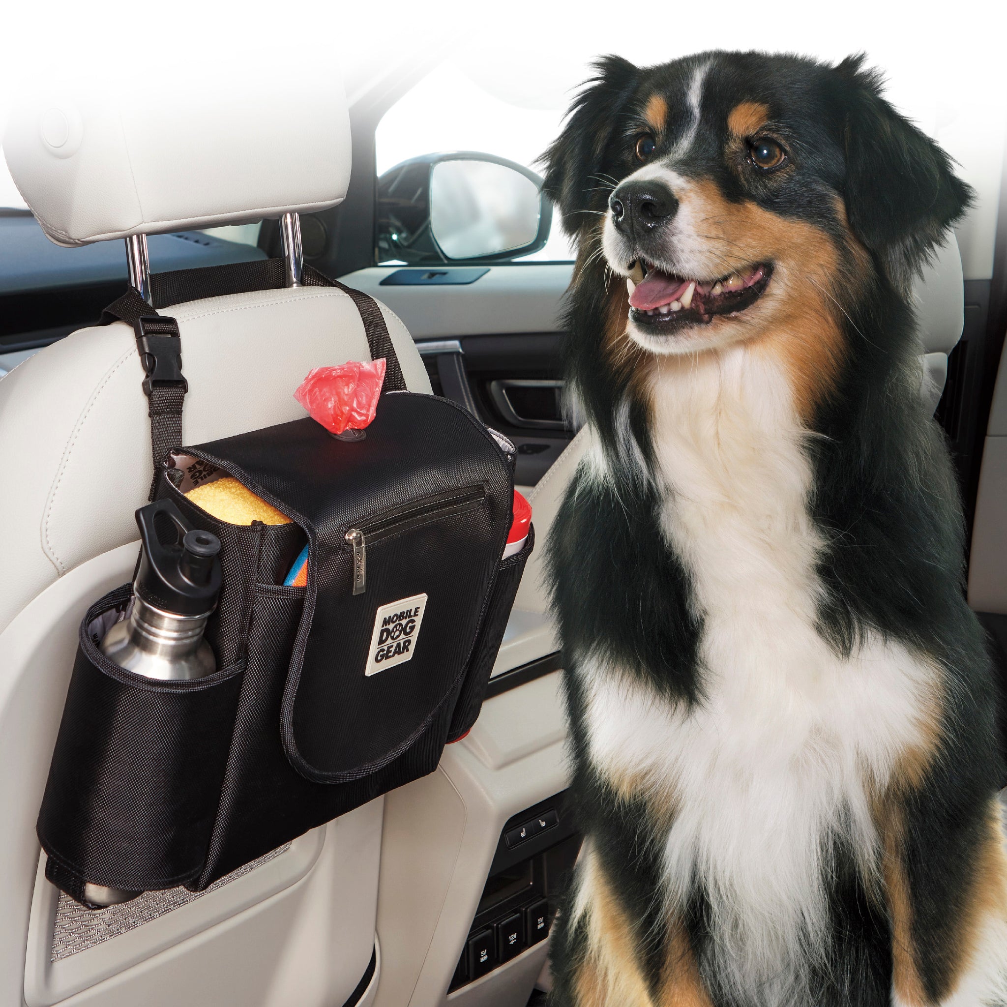 The dog gear car organizer. The strong hook and loop closure attaches on the back of your car seat.