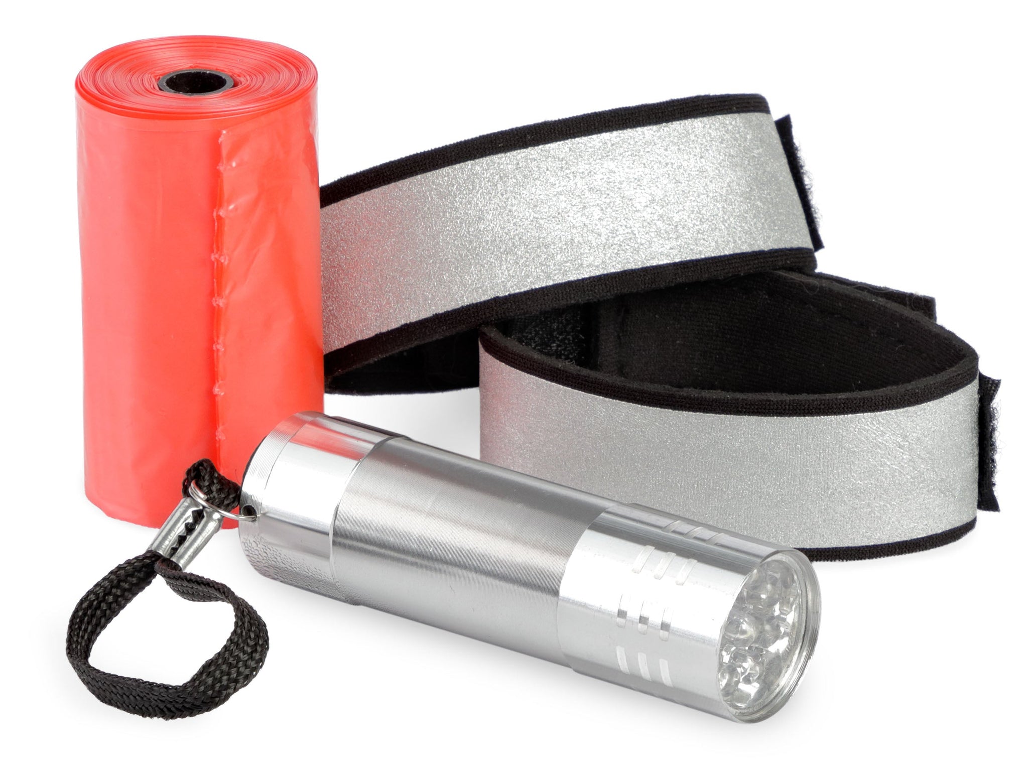The dog walking bag comes equipped with two reflective wrist bands and a metal flashlight. Perfect at night.