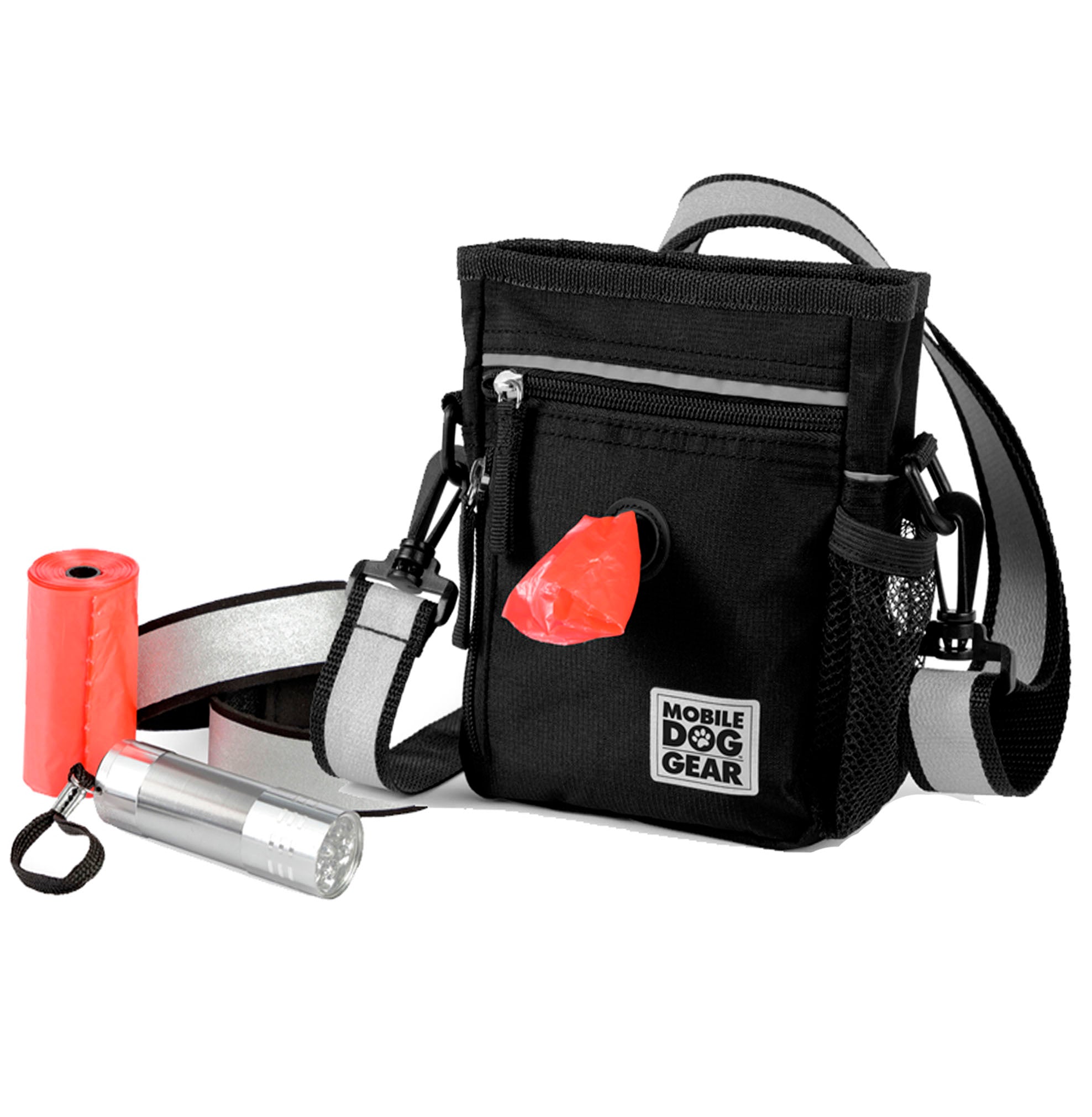 The dog-walking bag includes a removable, also reflective, shoulder strap, two reflective wrist traps, and a pocket-size flashlight. The bag also includes a compartment to easily store and pull out dog waste bags from the side as needed. Product presented in black.