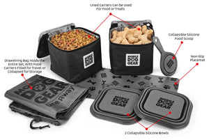 Perfect for any trip, this easy, convenient food organizer is ideal for larger dogs. The set includes two 15-cup lined food and treats containers, two 5-cup collapsible silicone pet bowls, collapsible silicone food scoop, non-slip placemat.